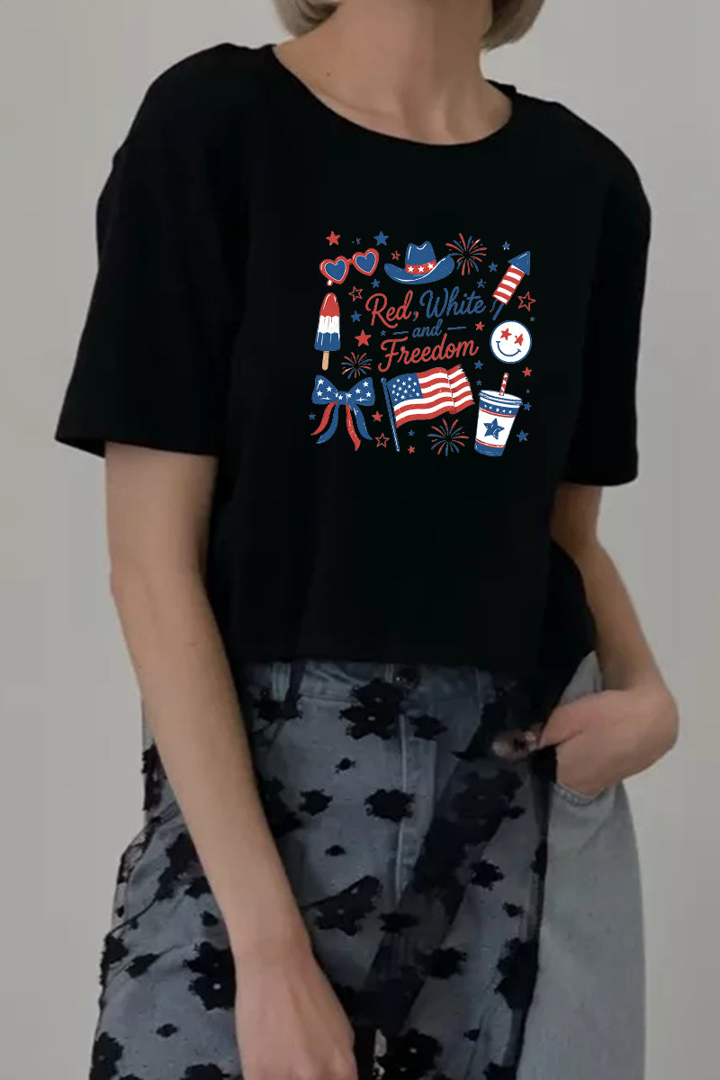 Patriotic Graphic Tee Lace Patchwork Freedom Top