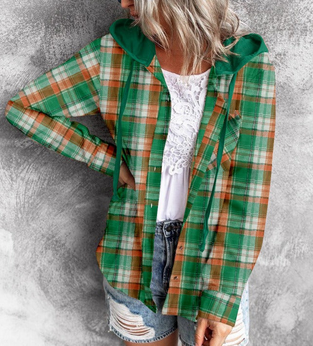 Plaid Hooded Shacket Button Front Oversized Fit