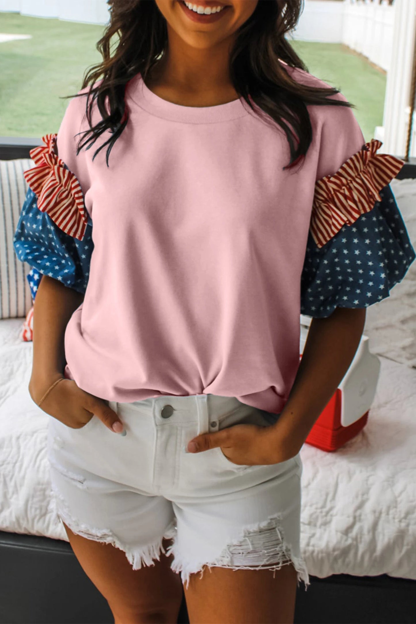 Stars Stripes Short Puff Sleeve Top