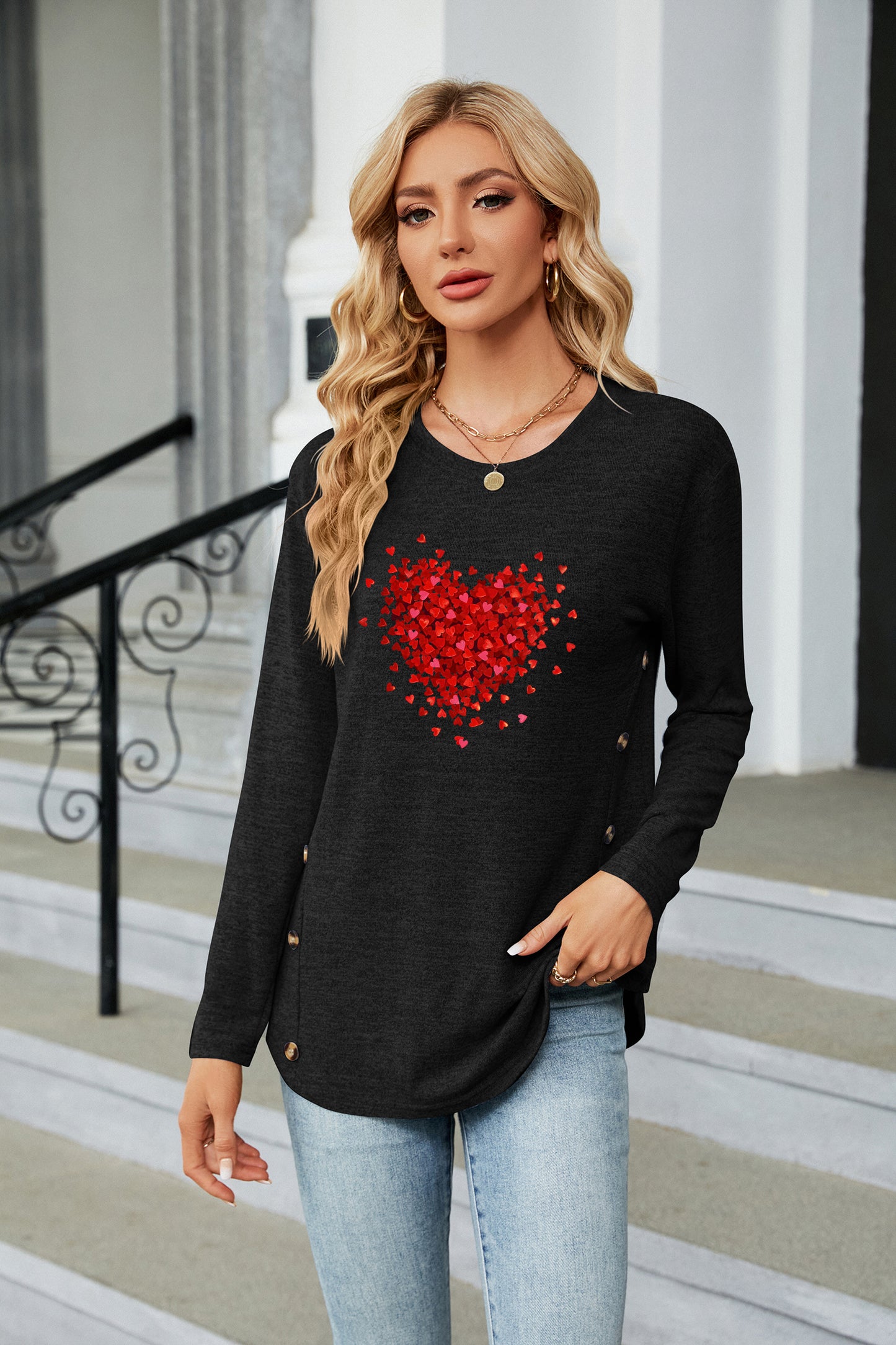 Valentine's Day Red Heart Pattern Casual Long Sleeve Top