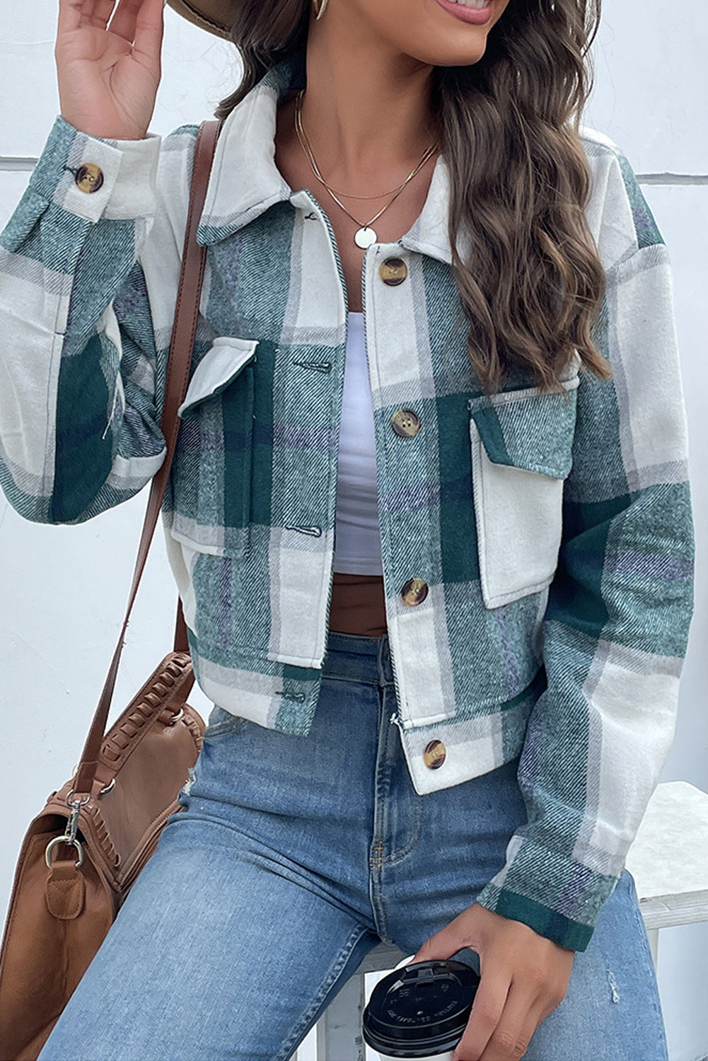 Sleeve Buttoned Cardigan Plaid Jacket With Pockets