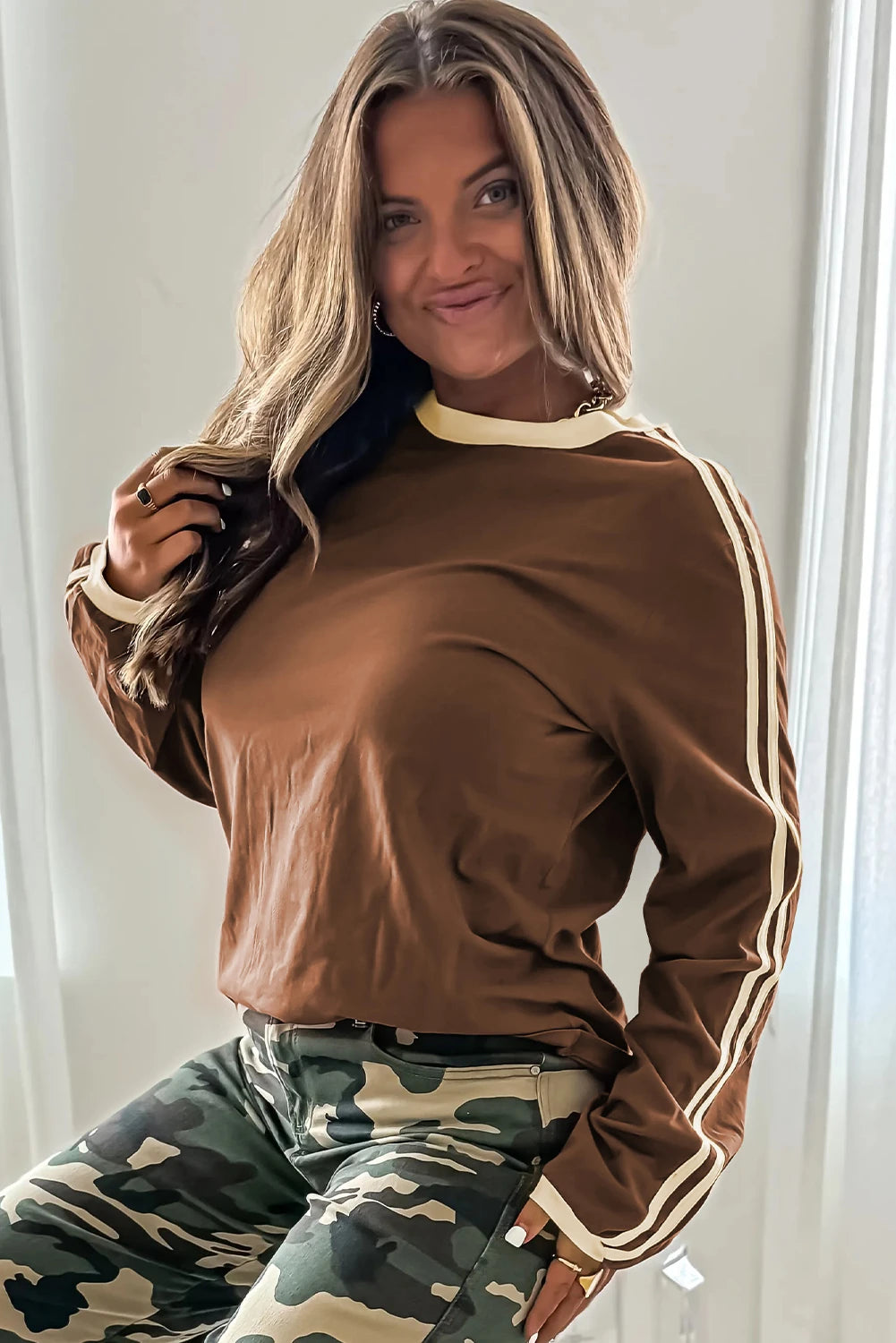 Fiery Red Varsity Striped Accent Contrast Crew Neck Long Sleeve T Shirt