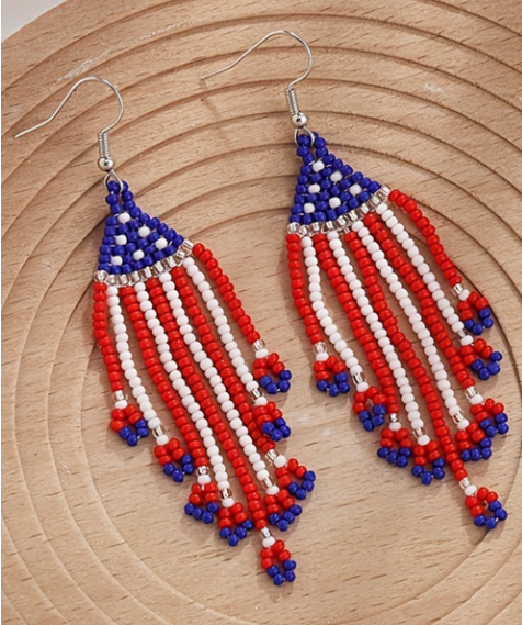 Fiery Red American Flag Beaded Fringed Hook Earrings