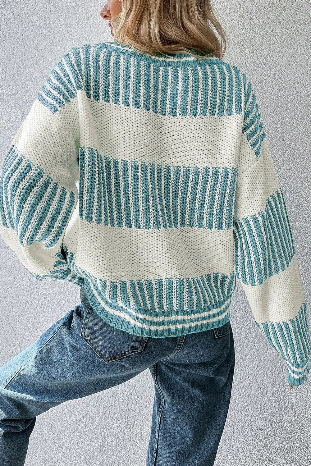 Khaki Two Tone Striped Patchwork Drop Shoulder Loose Sweater