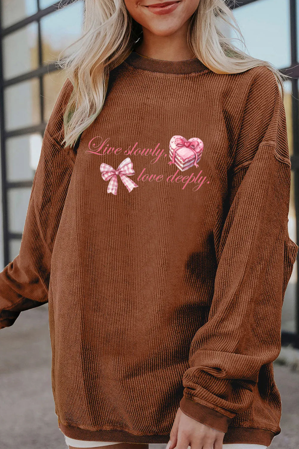Valentine Bow Heart Corduroy Ribbed Oversized Sweatshirt
