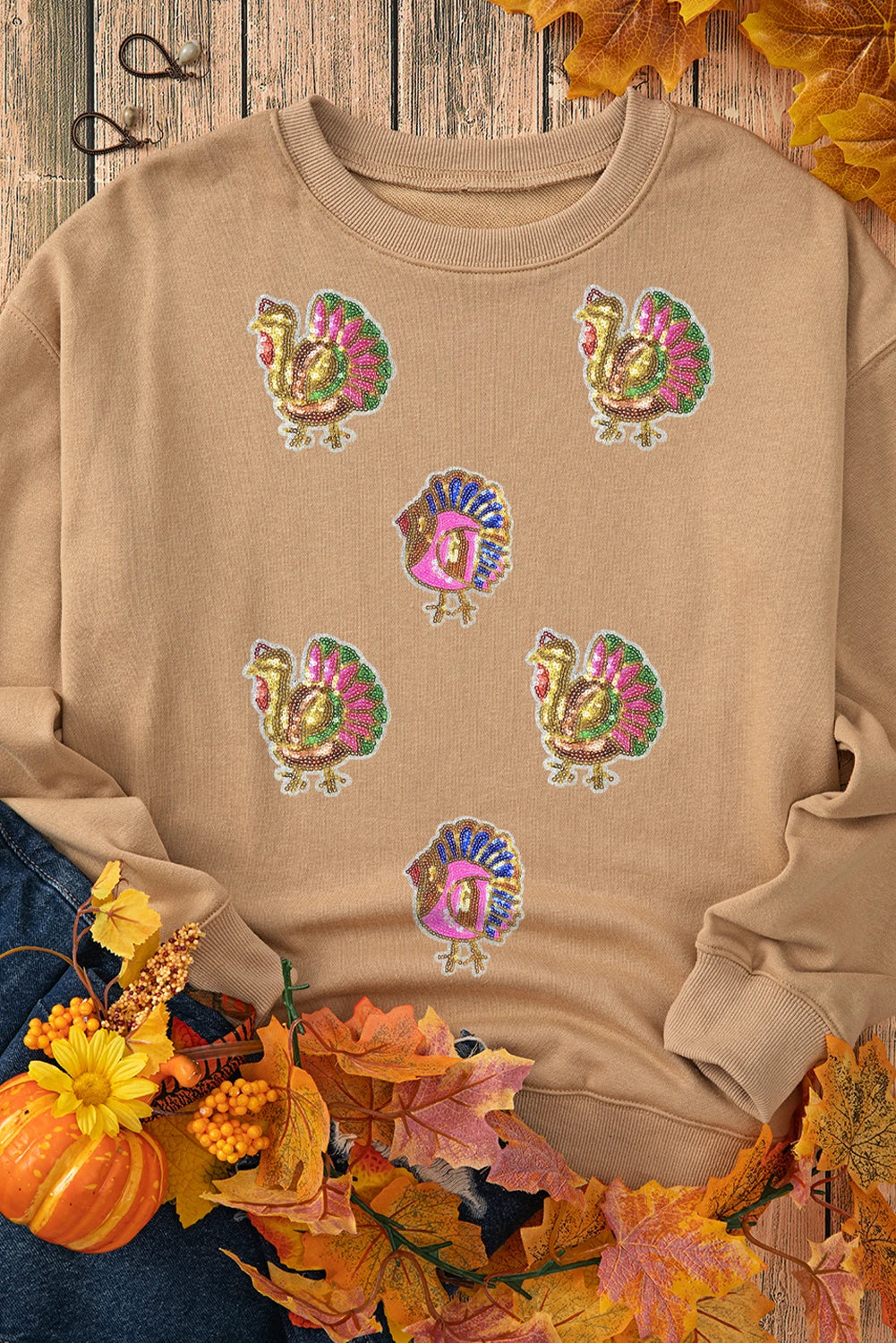 Khaki Sequin Thanksgiving Turkey Graphic Baggy Sweatshirt