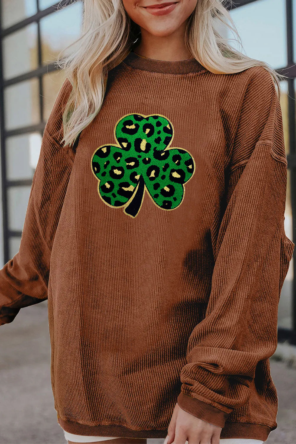 Saint Patrick’s Day Leopard Shamrock Corded Sweatshirt
