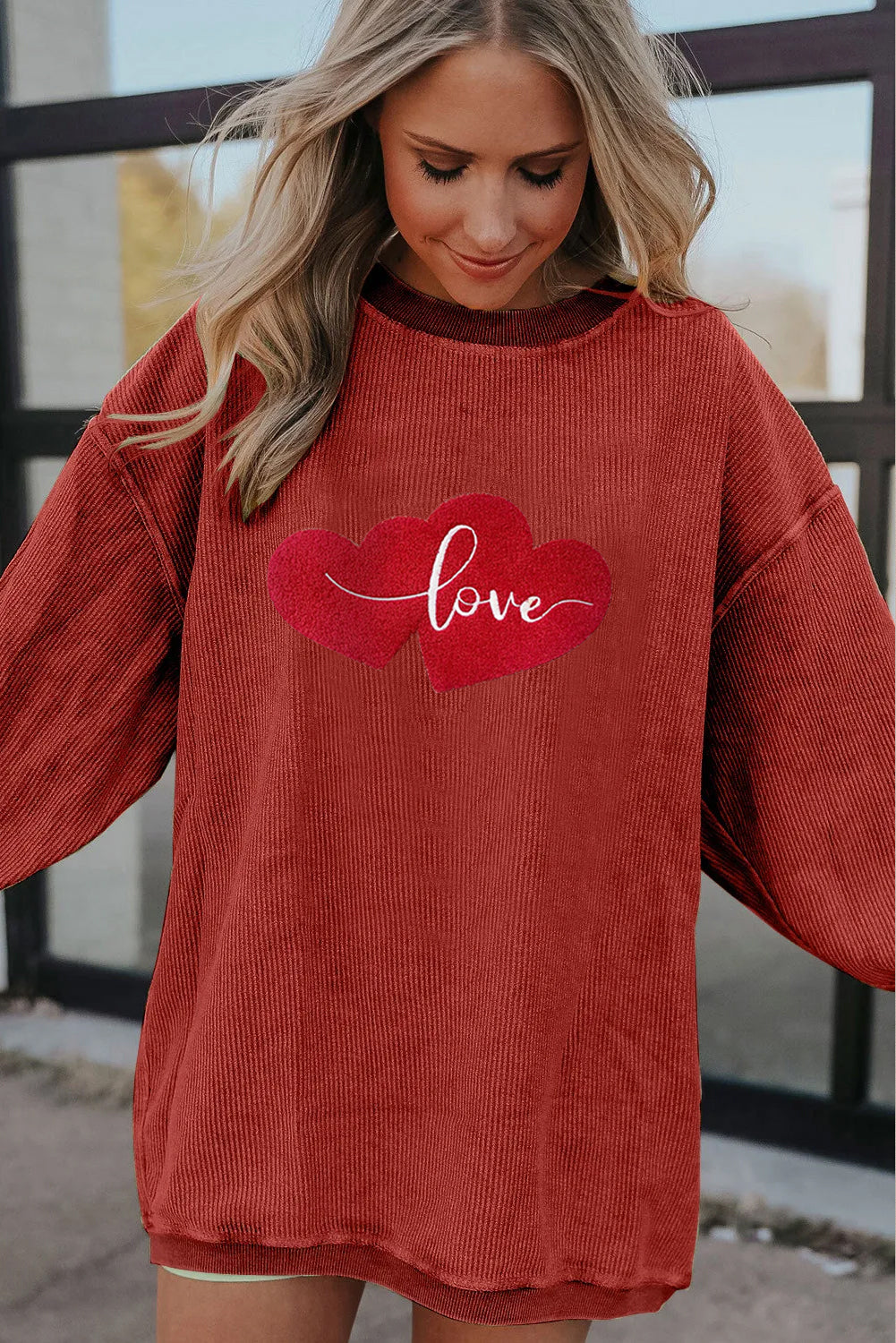 Women’s Oversized Love Heart Corduroy Sweatshirt Valentine