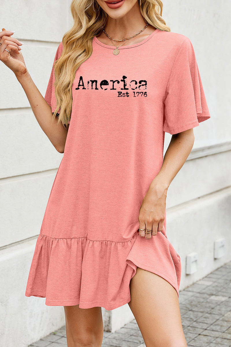 America Graphic Cotton Dress Casual Ruffle Holiday