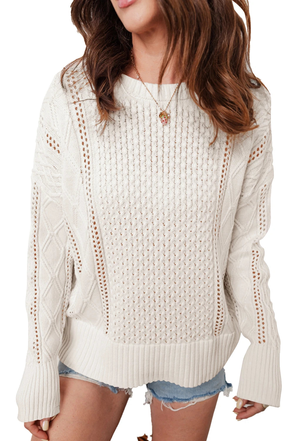 Navy Blue Mix Texture Knit Eyelet Detail Casual Sweater
