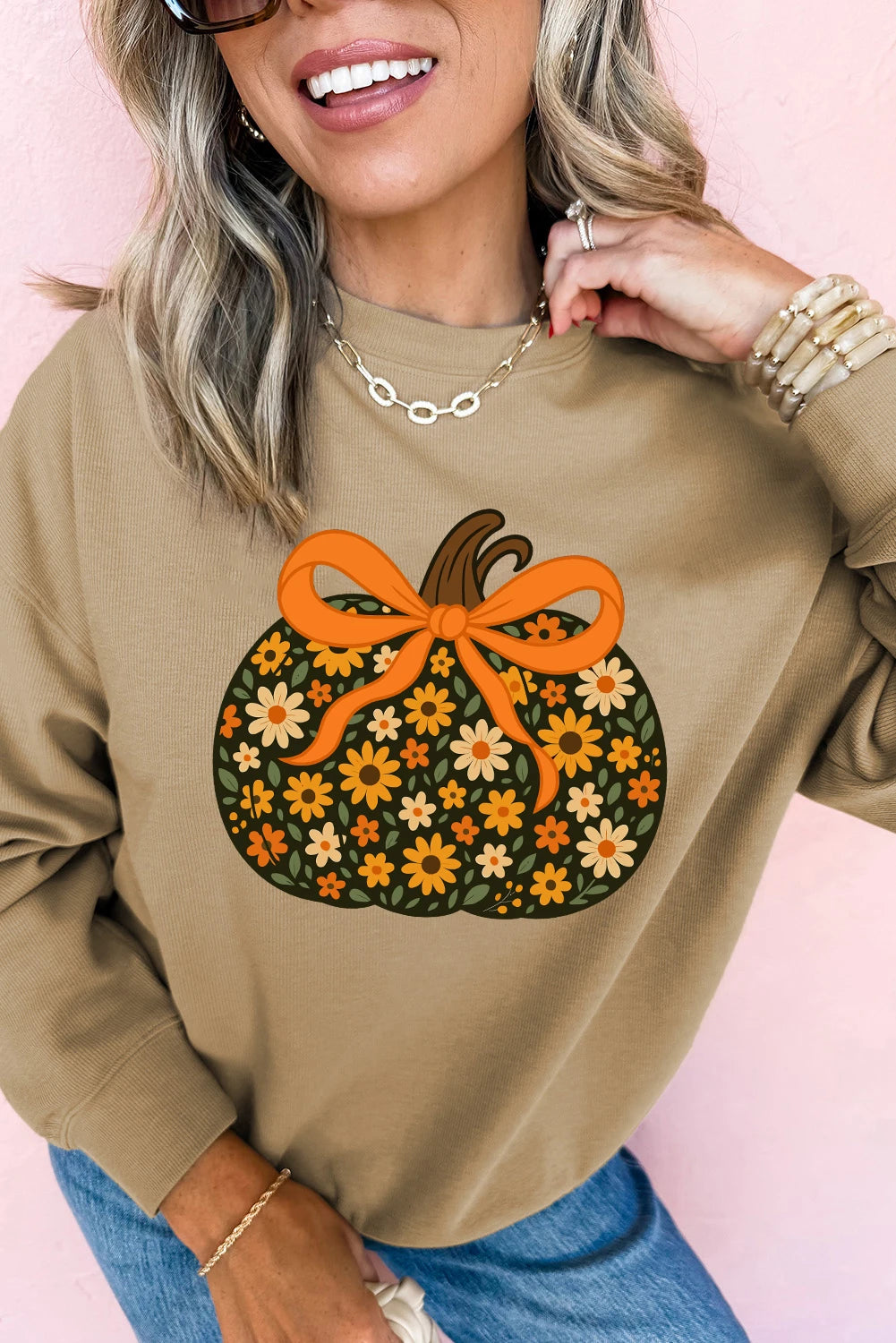 Khaki Floral Pumpkin Graphic Thanksgiving Sweatshirt