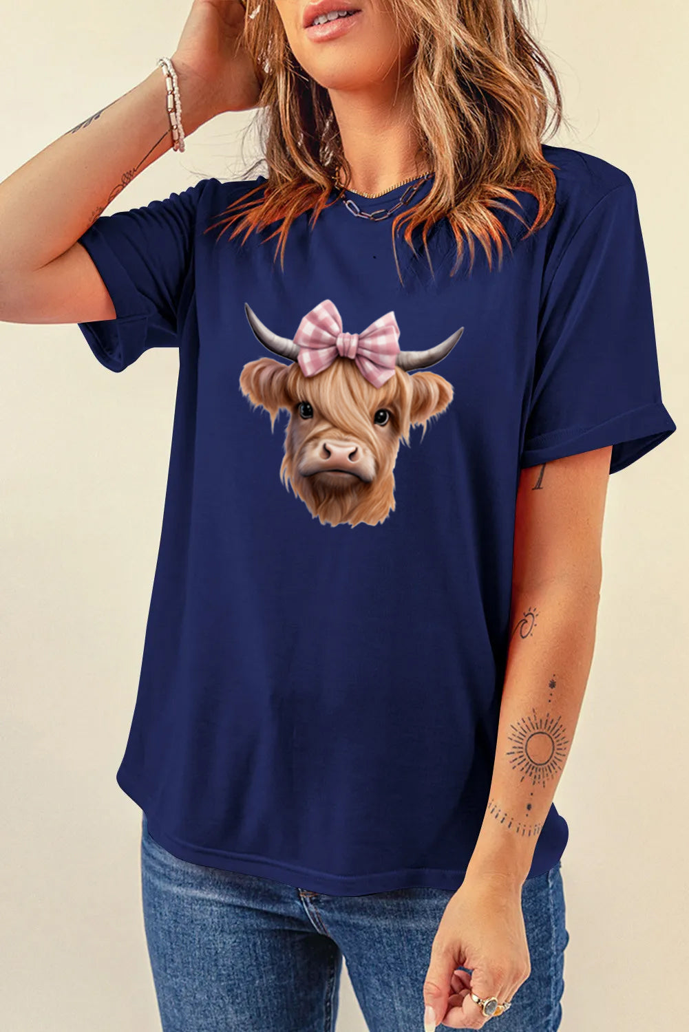 Western Bow Highland Cow Graphic Tee for Women