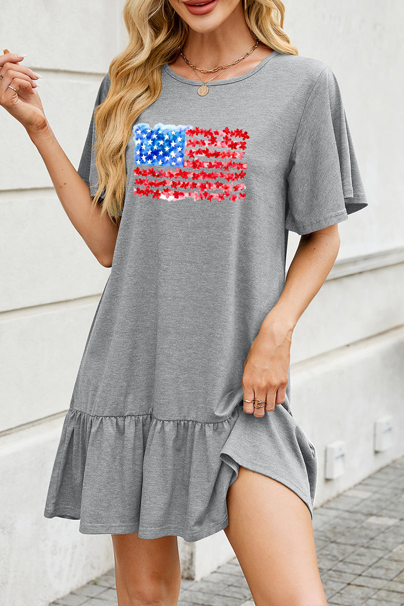 American Flag Cotton Dress Casual Ruffle Vacation