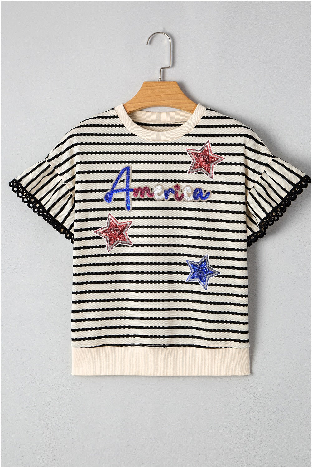 Black Stripe Sequin America Star Graphic Ric Rac Flutter Sleeve Blouse