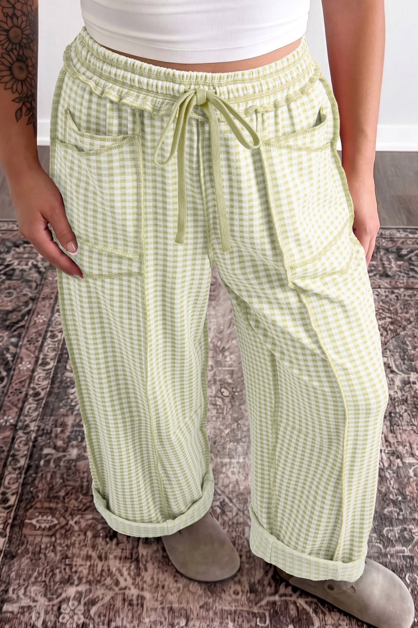 Red Plaid Contrast Trim Drawstring Elastic Waist Shift Pants