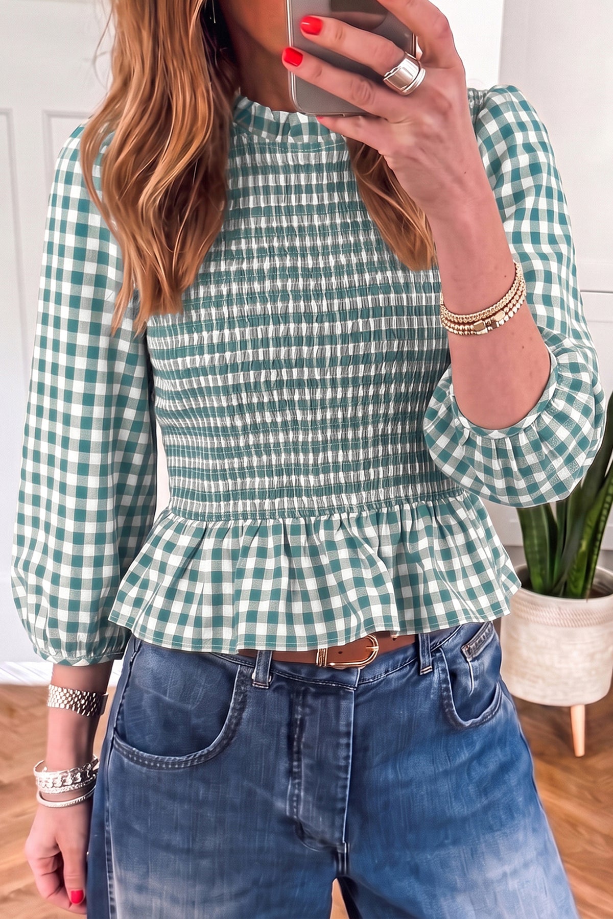 Brown 3/4 Sleeve Shirred Plaid Peplum Top