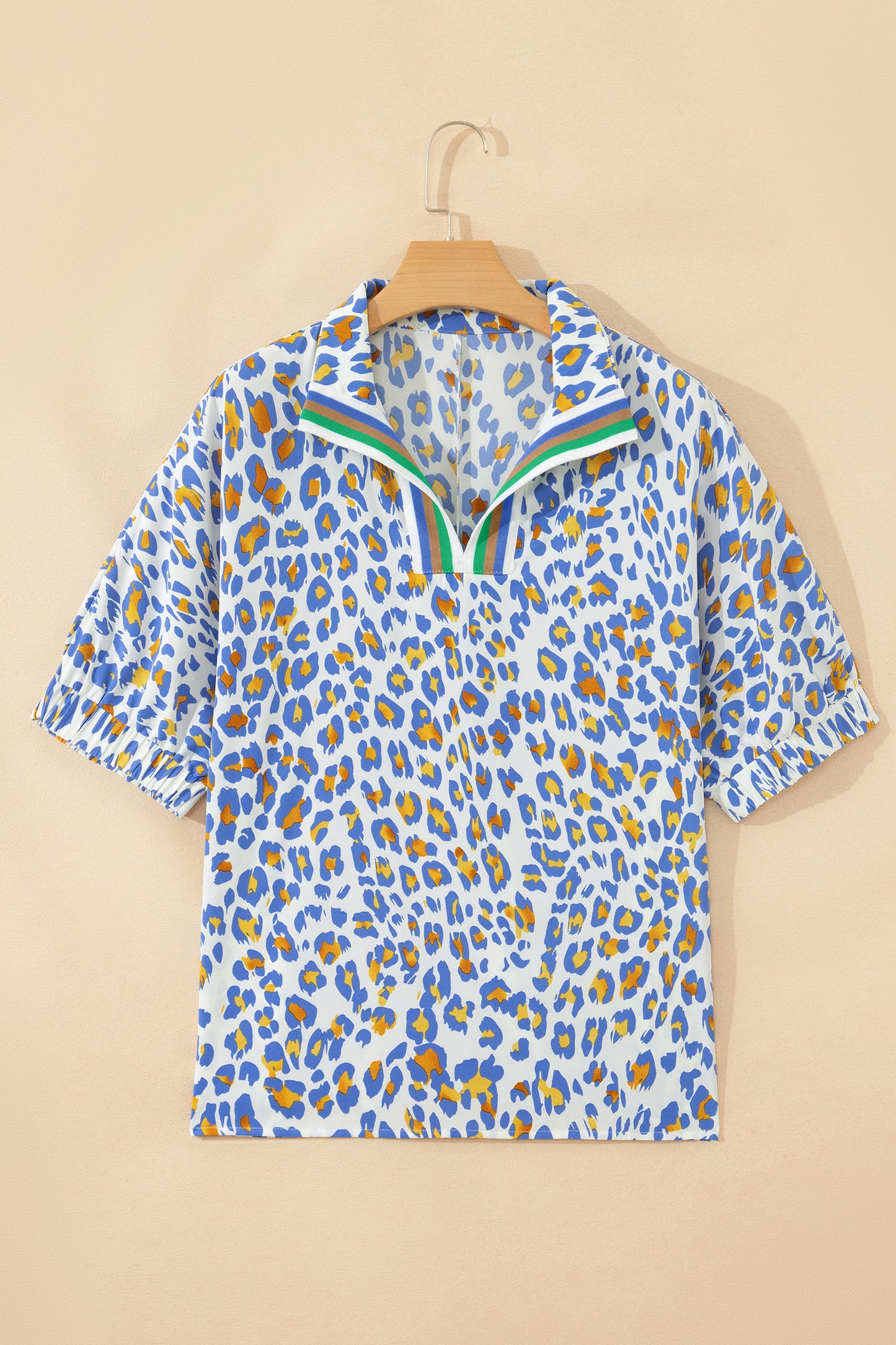 Khaki Leopard Color Block Contrast Striped V Neck Half Sleeve Loose Fit Blouse