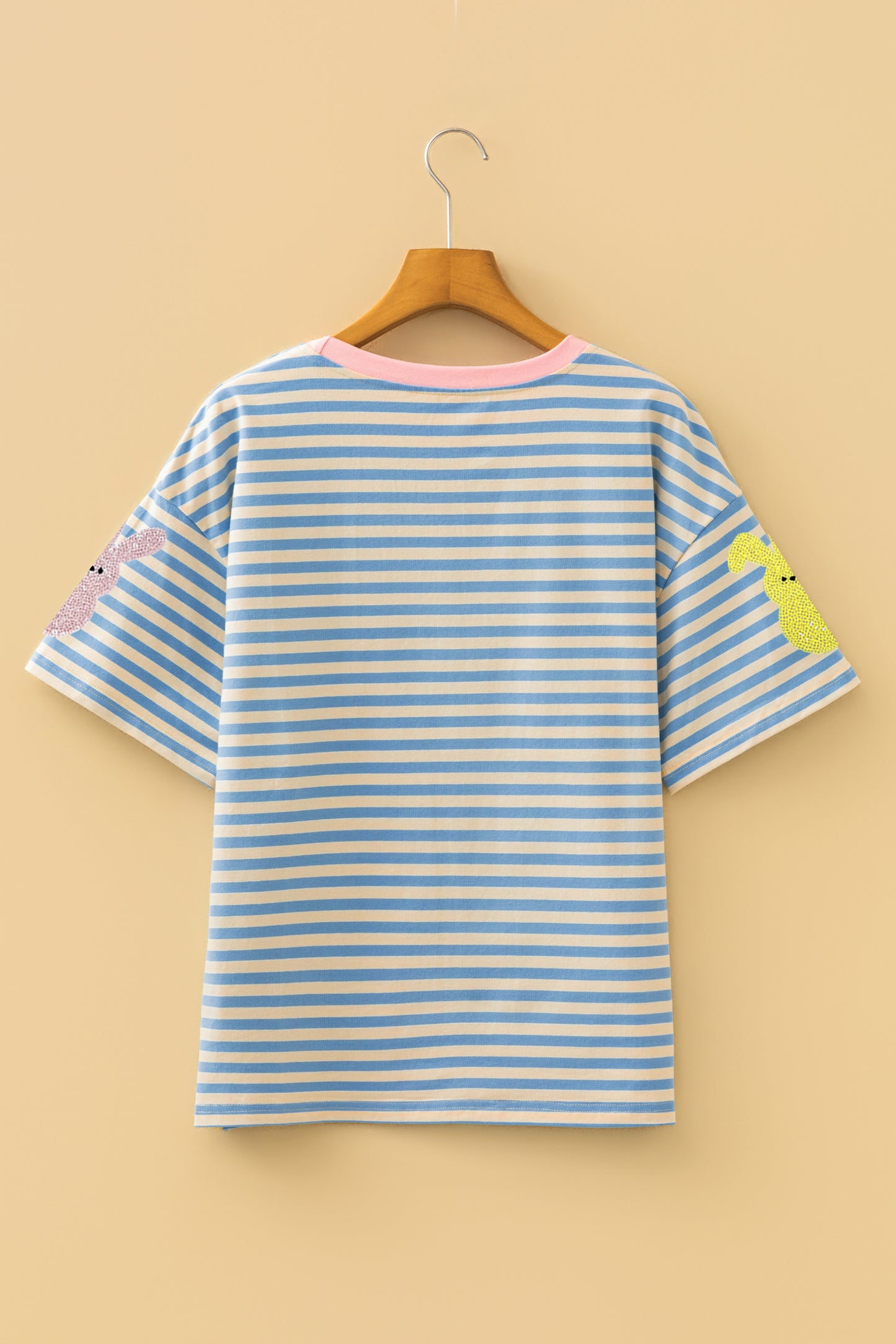 Sky Blue Stripe Sequin Easter Bunny Patched Drop Shoulder Tee