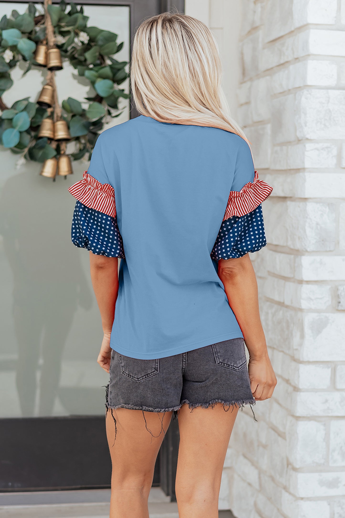 Fiery Red Stars Stripes Short Puff Sleeve Top