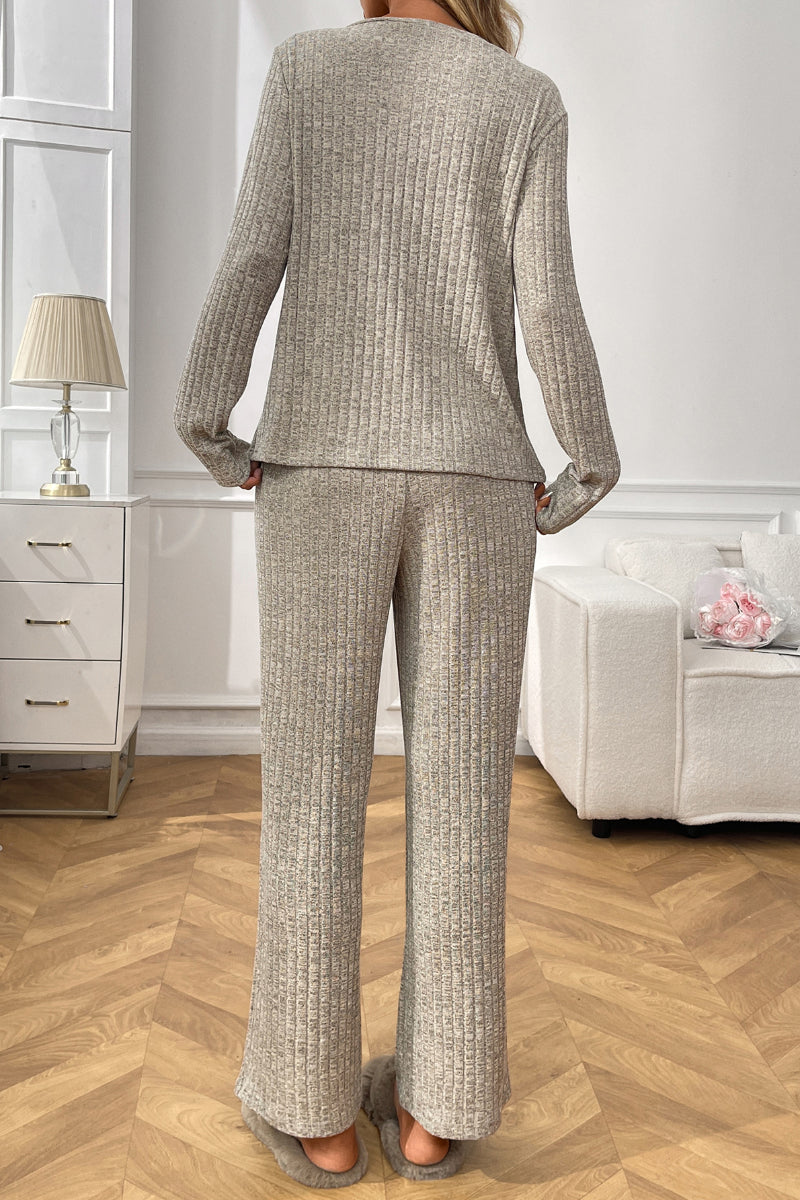 Ribbed Knit Lounge Set with V Neck and Wide Pants