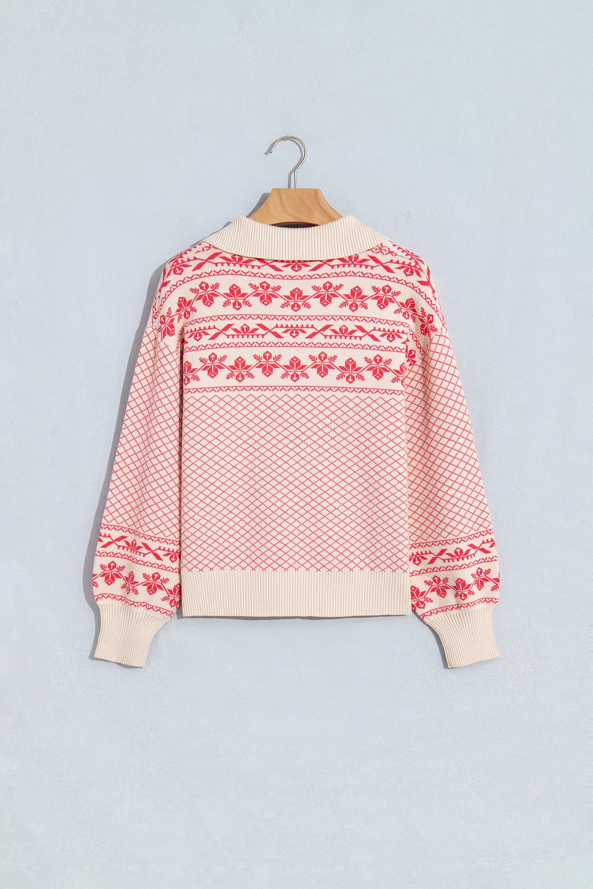 Sachet Pink Cozy Abstract Print Button Stand Neck Casual Sweater