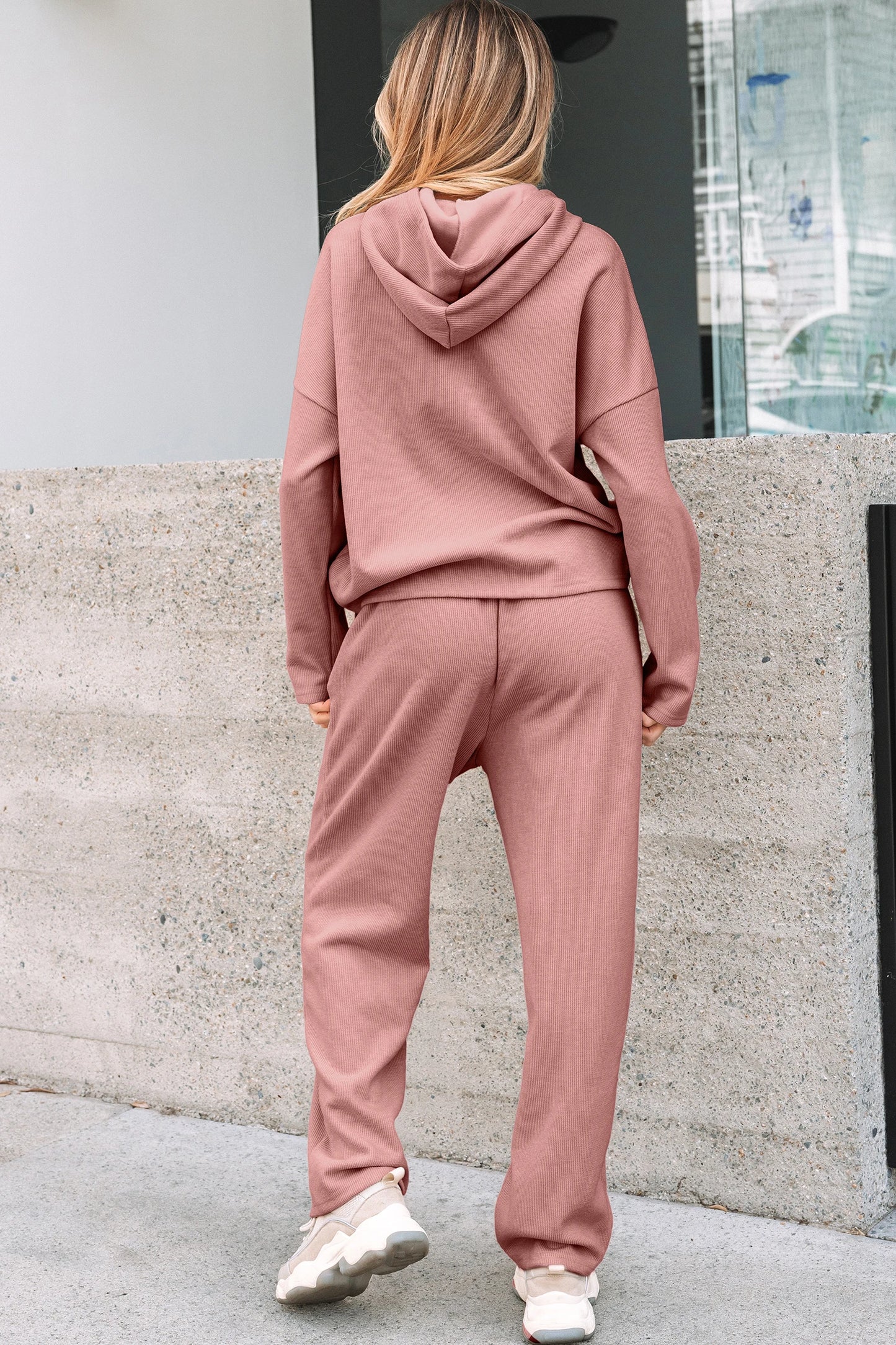 Casual Lace Drawstring Pullover Hoodie and High Waist Pants Corduroy Suit