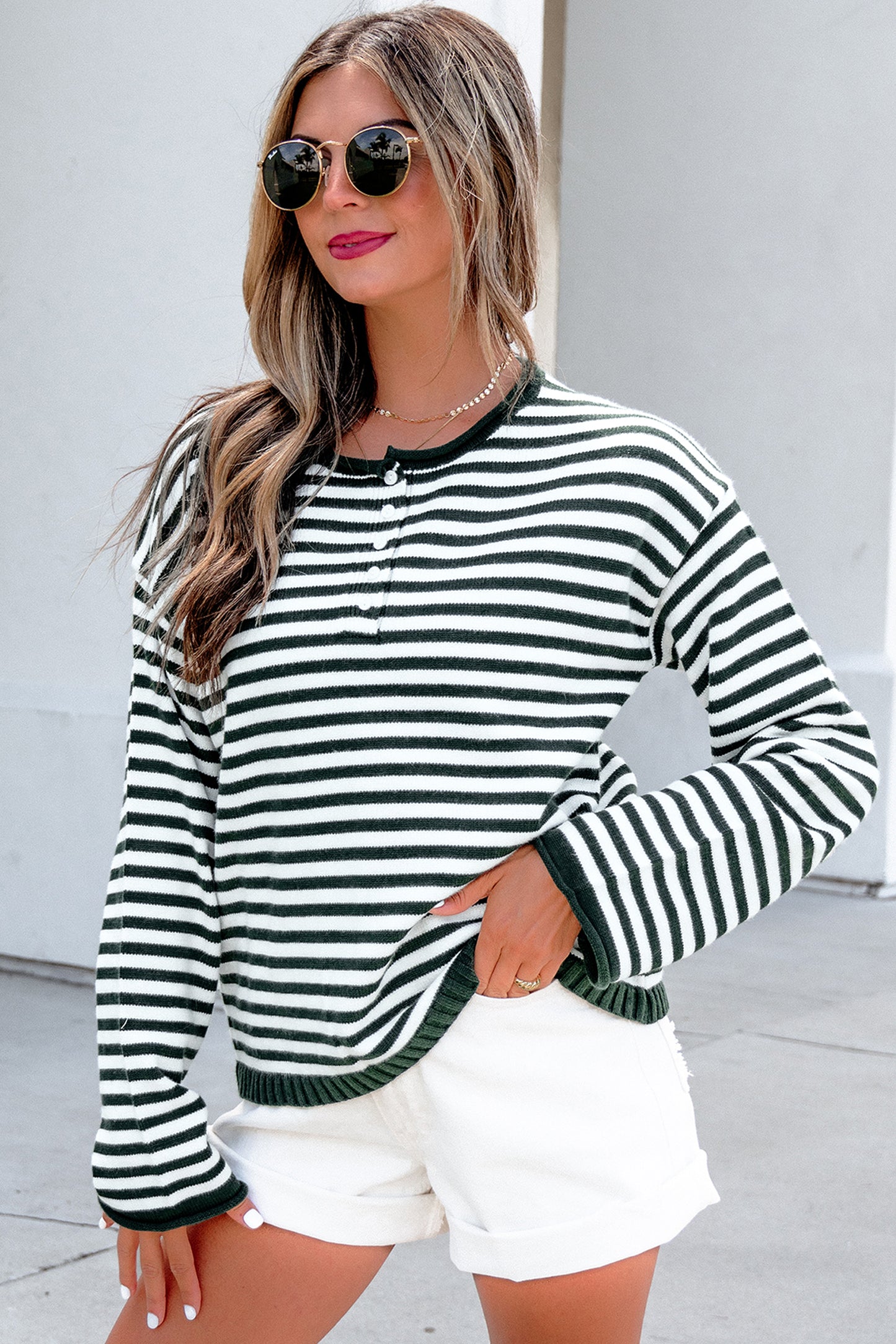 Striped Button Placket Drop Shoulder Long Sleeve Sweater