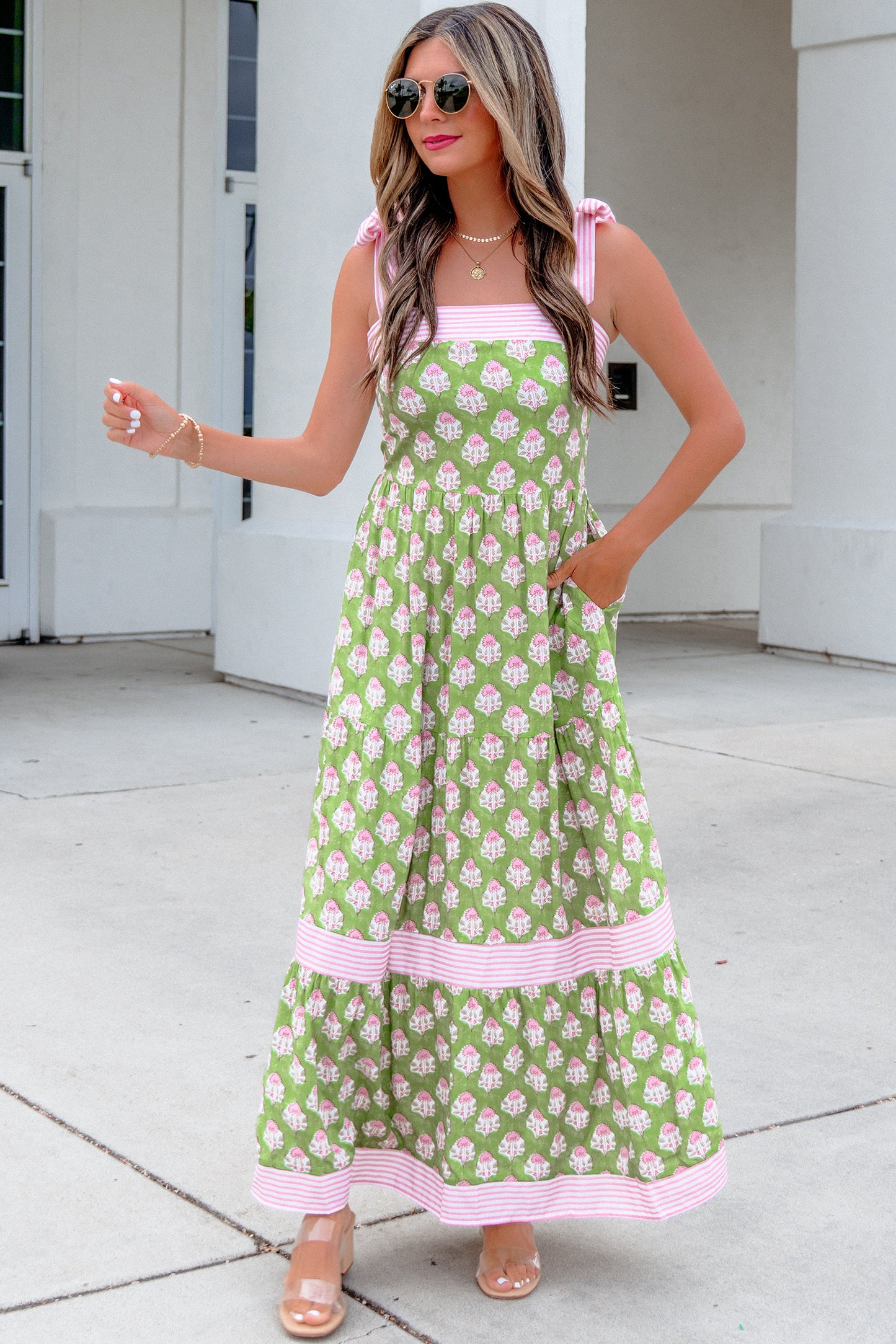 Green Floral Print Striped Detail Knot Straps Maxi Dress
