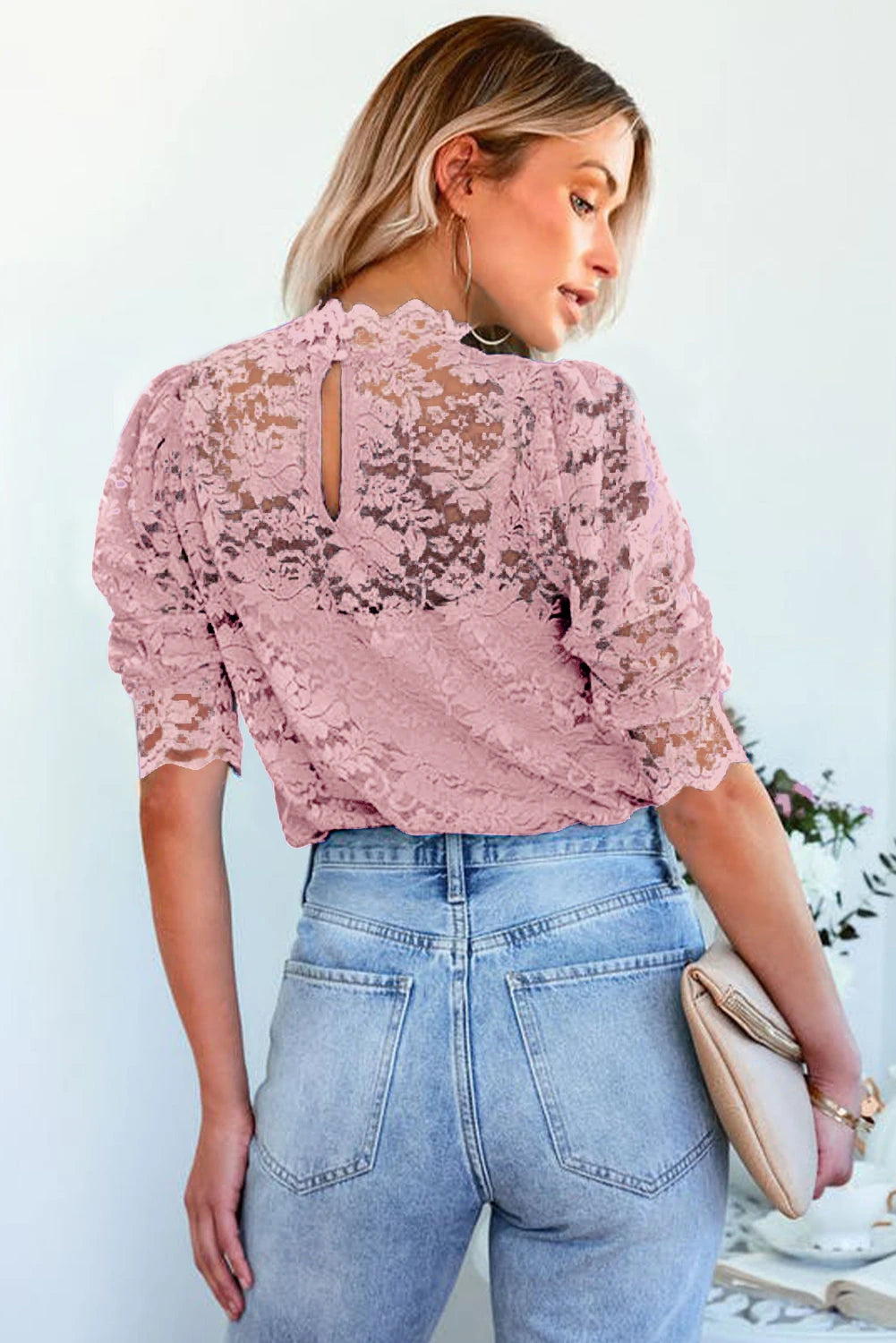 Green High Neck Lace Short Sleeve Blouse