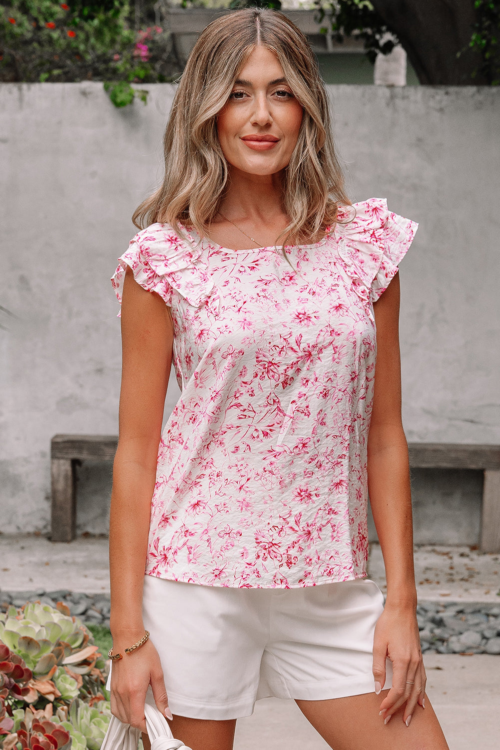 Pink Floral Ruffled Short Sleeve Bow Back Square Neck Blouse