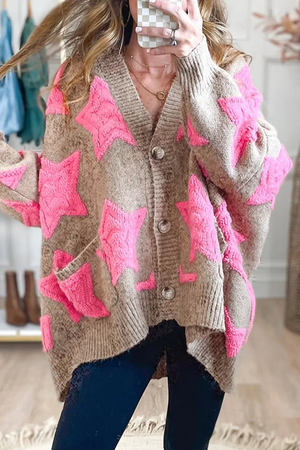 Star Pattern Textured Sweater Cardigan with Pockets