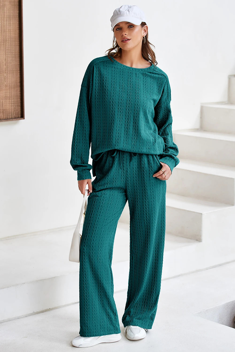 Textured Round Neck Sweatshirt & Loose Drawstring High Waist Pant Set