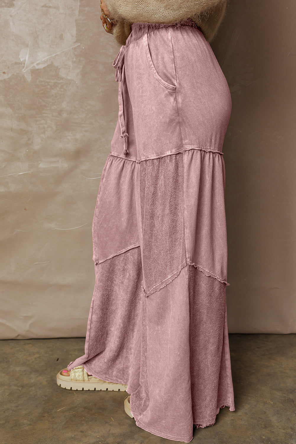 Black Mineral Wash Tiered Wide Leg Patchwork Drawstring Pants