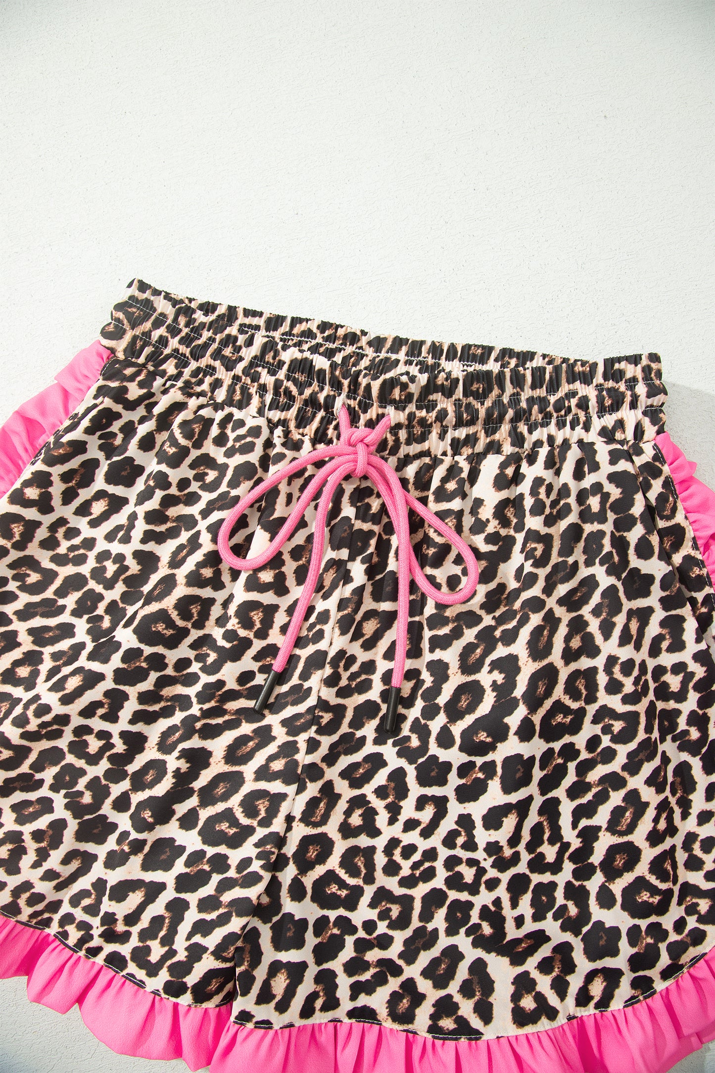 Khaki Leopard Print Contrast Ruffle Trim Shorts