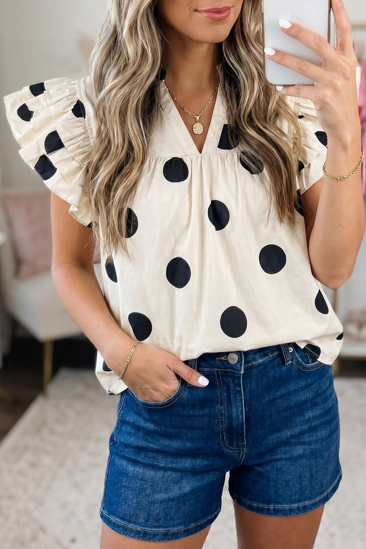 Polka Dot Cotton Blouse Ruffle Sleeve Boutique Top
