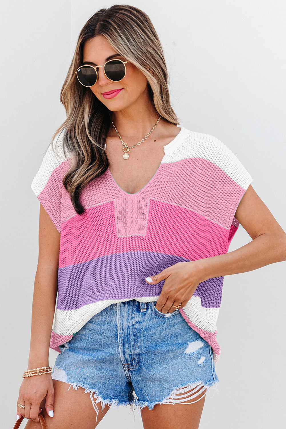 Multicolour Color Block Notch V Neck Sweater T Shirt