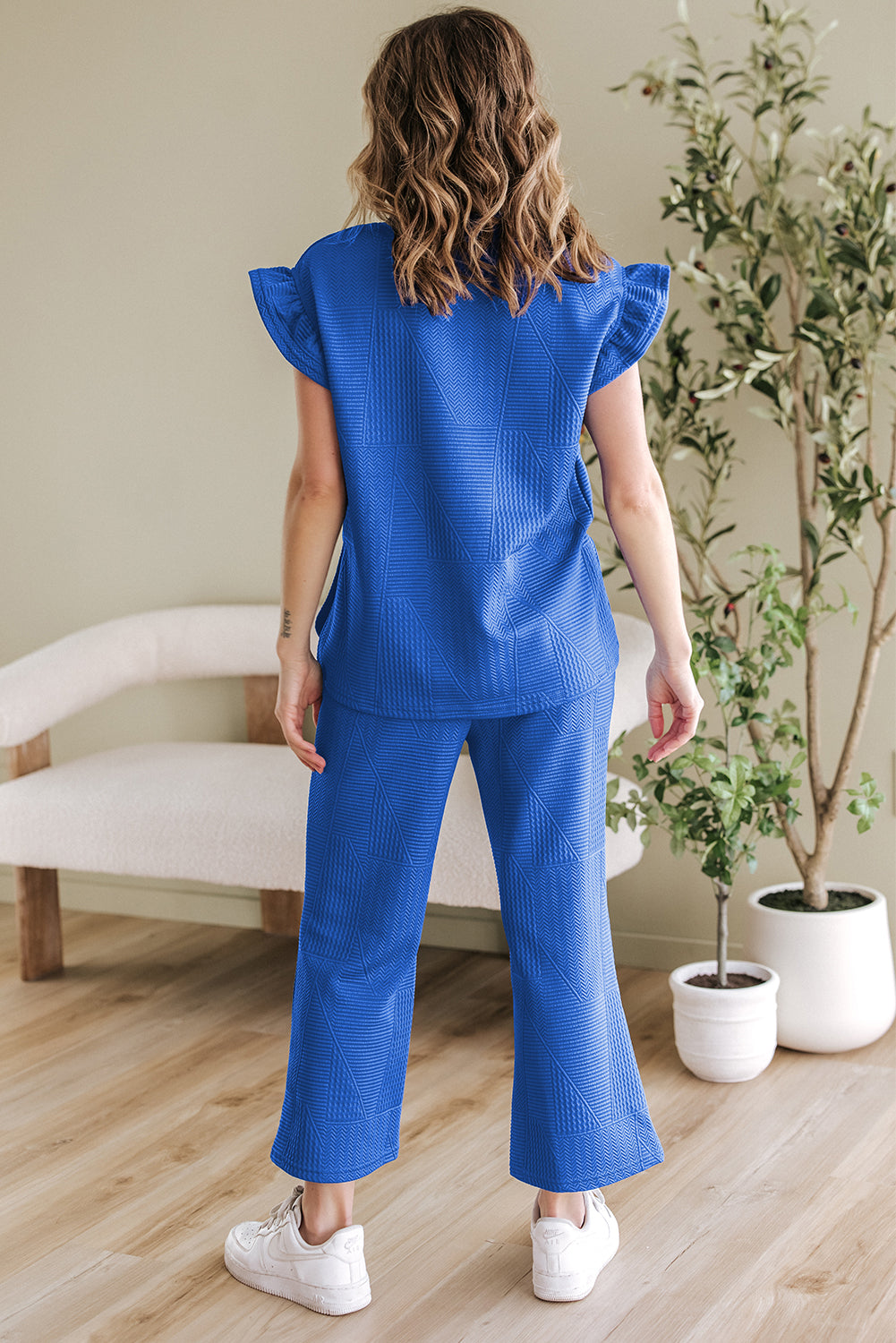 Ruffled Sleeve Summer Top and Cropped Loose Pants Set