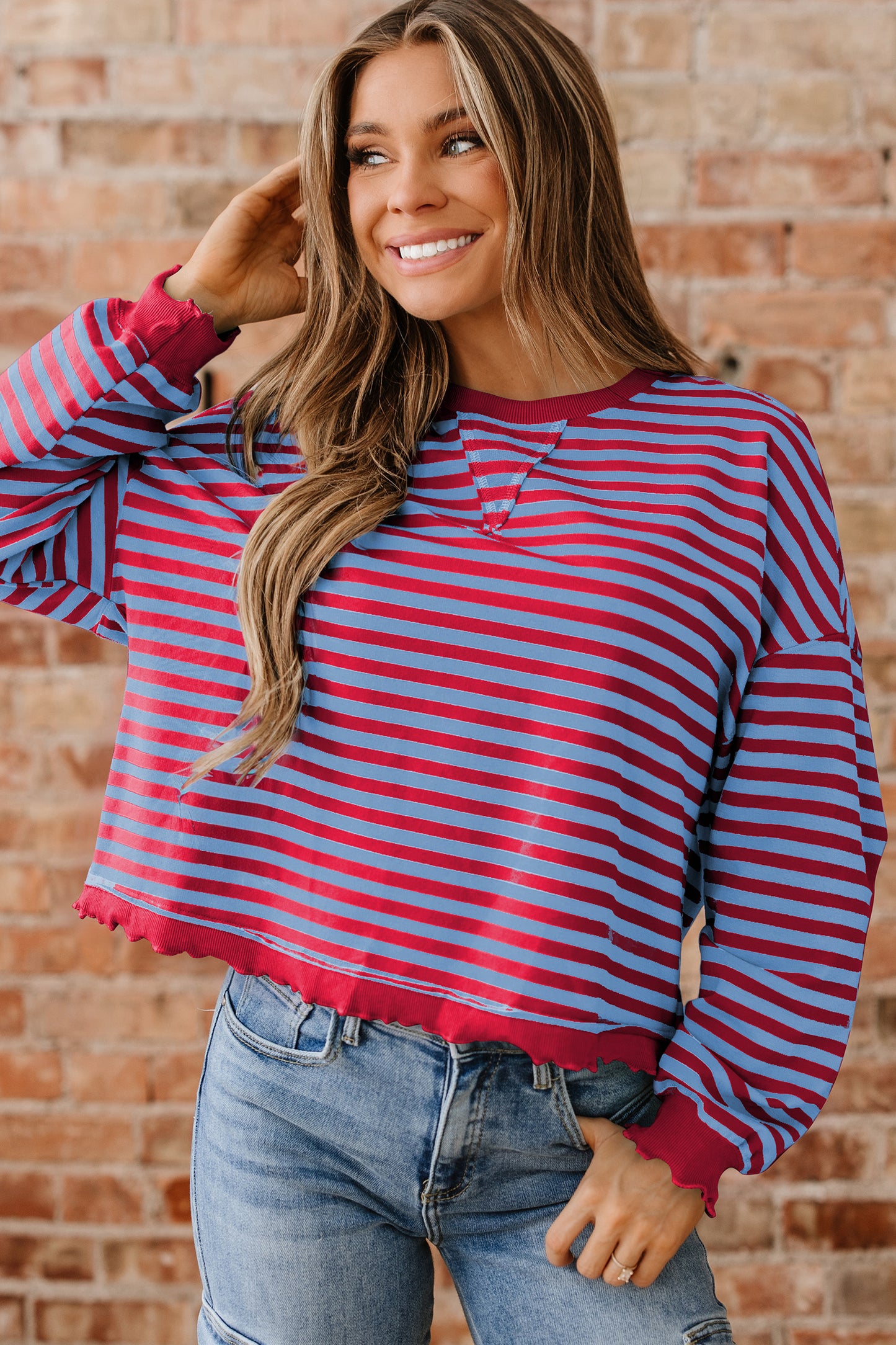 Green Stripe Exposed Seam Contrast Ribbed Trim Oversize Sweatshirt