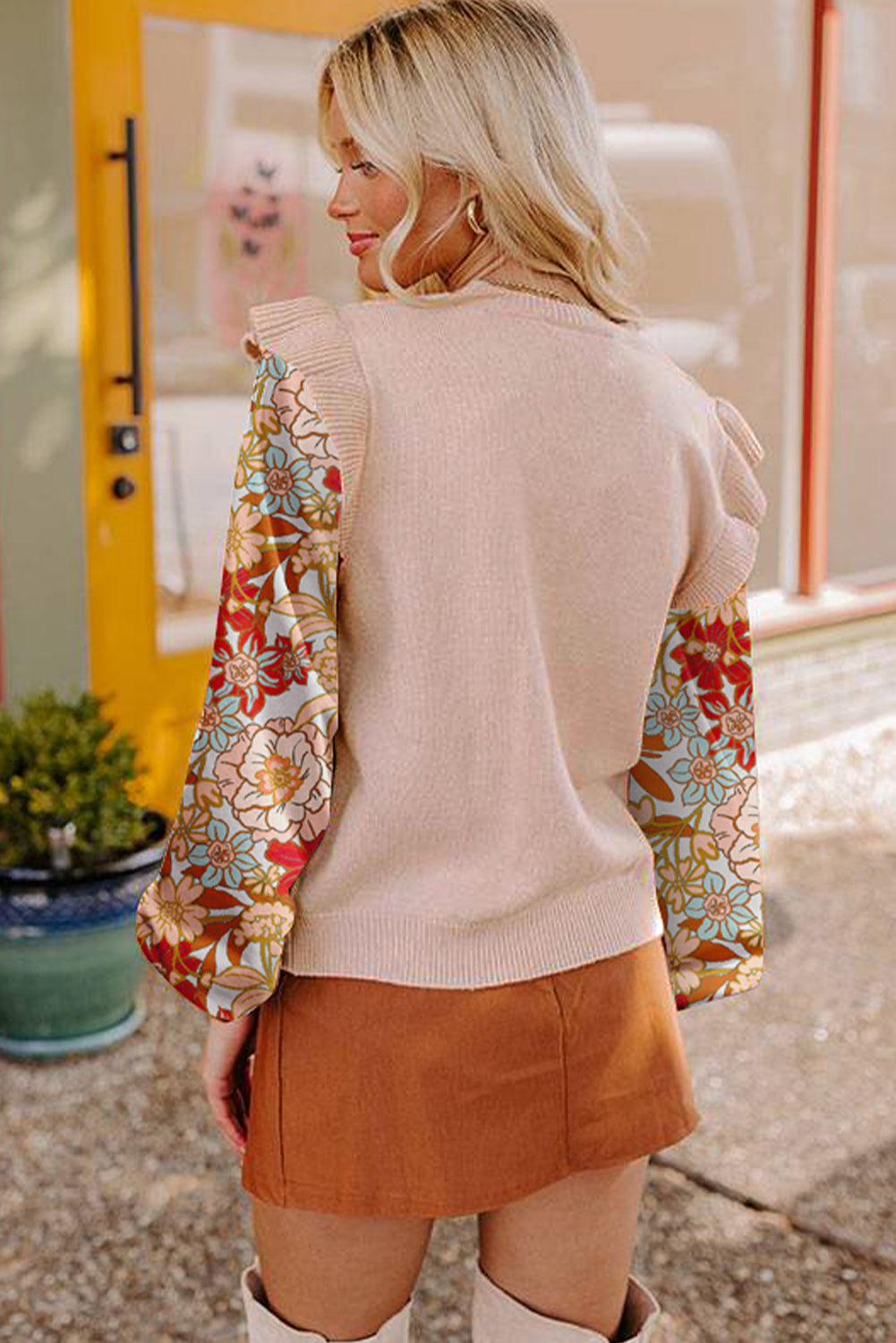 Parchment Cable Knit Ruffle Detail Contrast Floral Sleeve Patchwork Sweater