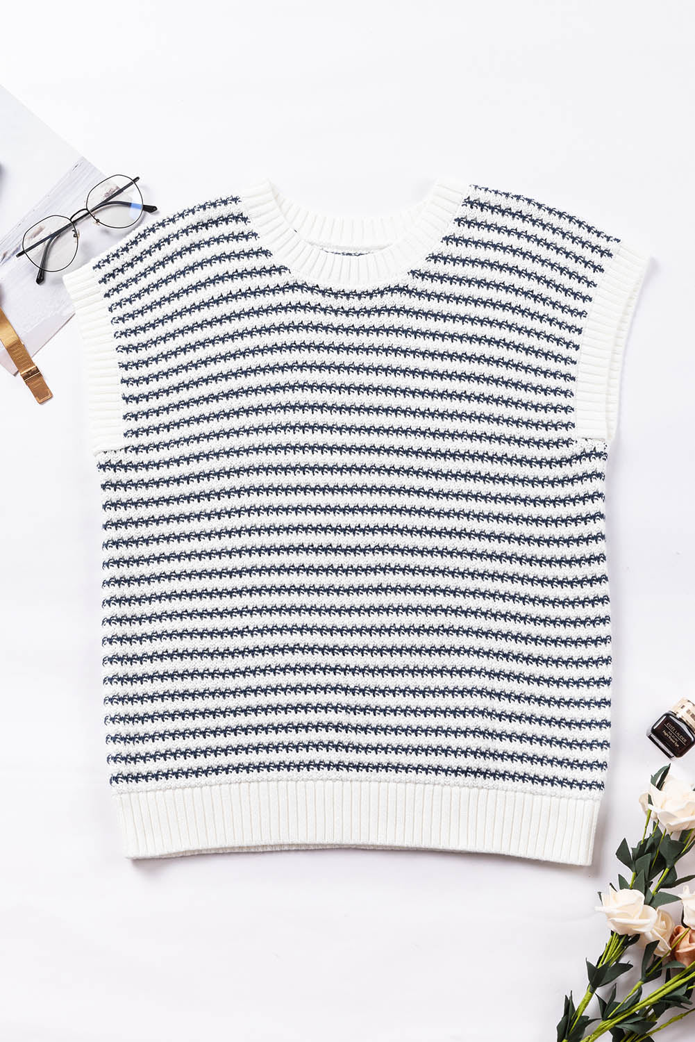 Stripe Ribbed Trim Loose Fit Knitted Sweater Vest