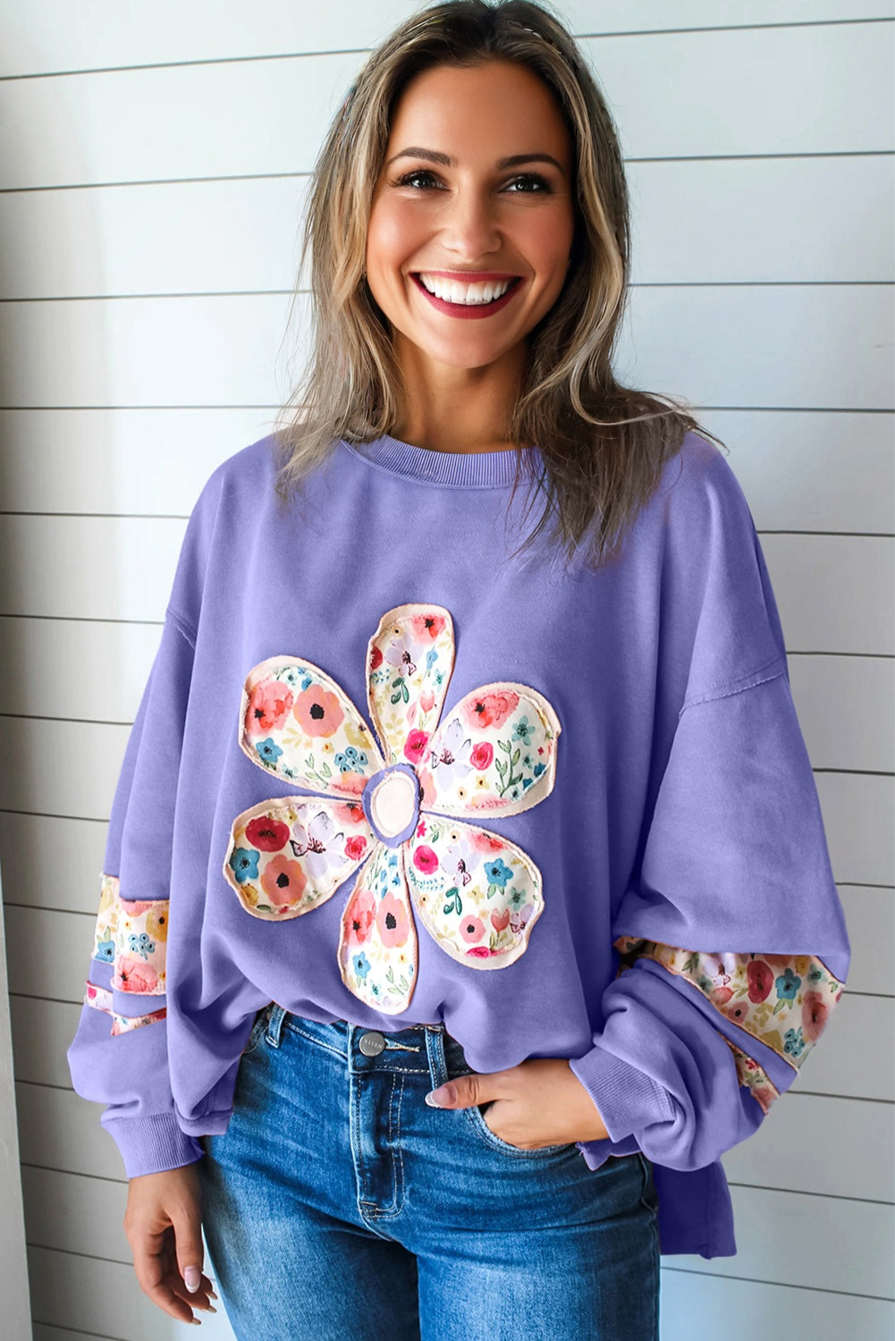 Peach Blossom Floral Applique Baggy Pullover Sweatshirt