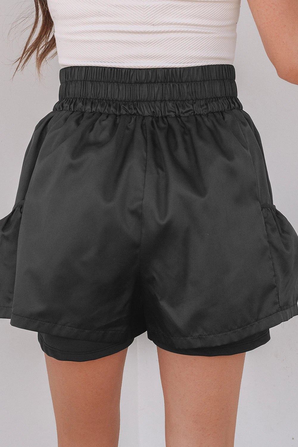 Black Elastic High Waist Pocketed Casual Shorts