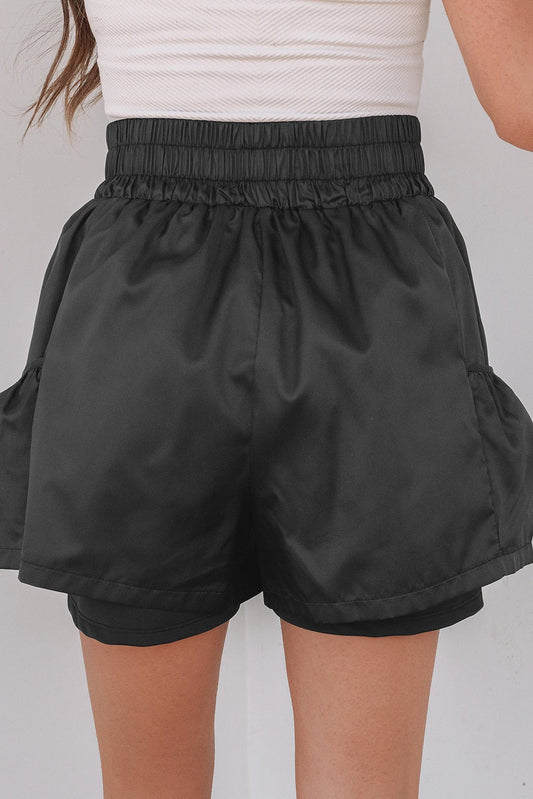 Black Elastic High Waist Pocketed Casual Shorts