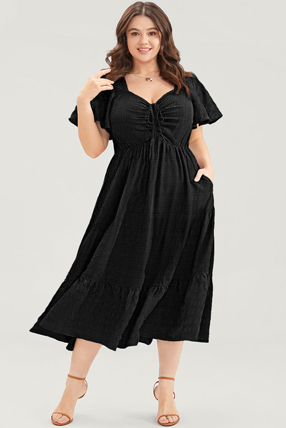 Black Plus Size Short Sleeve Lace-up High Waist Midi Dress