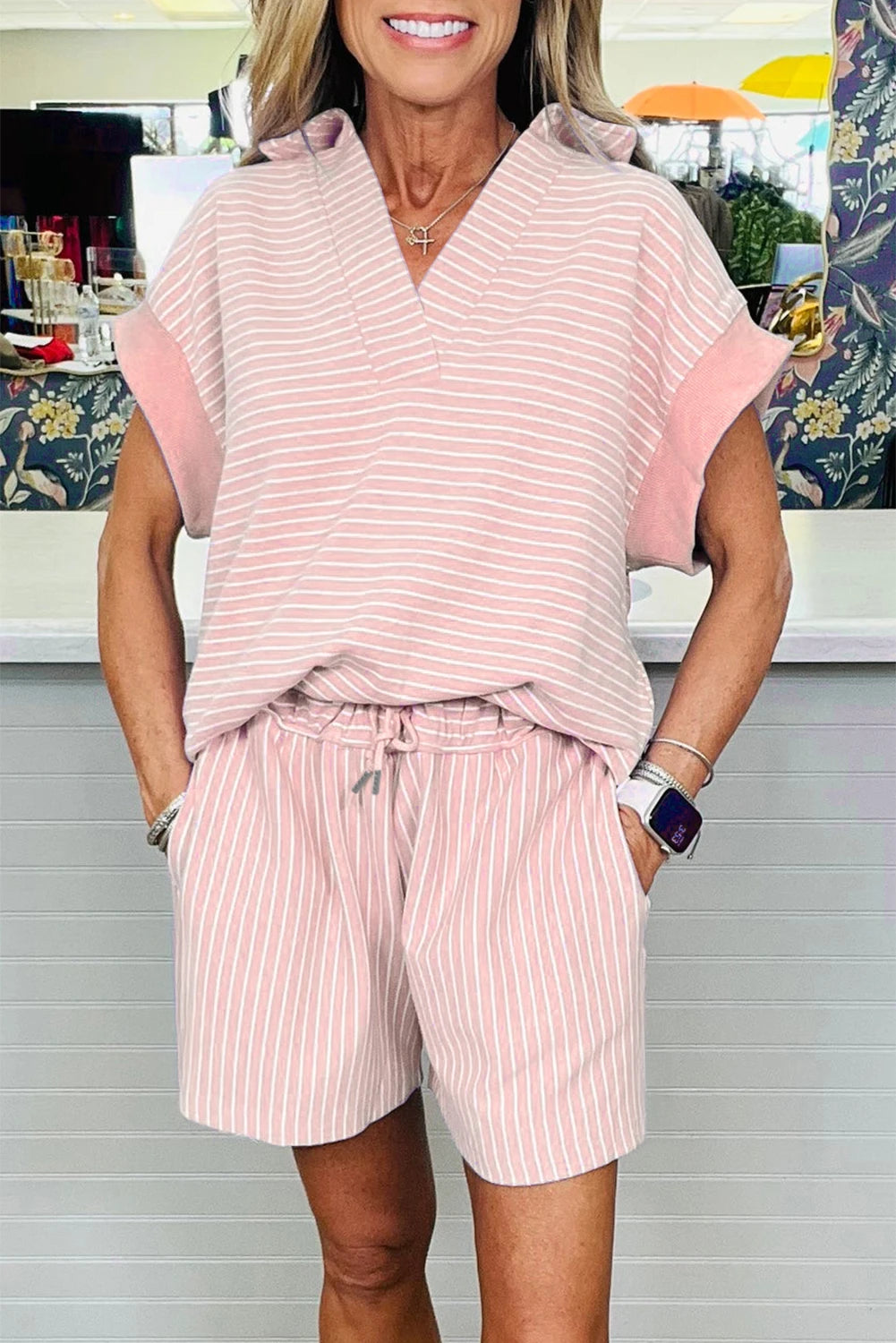 shop similar  shop similar  shop similar  shop similar  shop similar  shop similar  shop similar  shop similar  shop similar  shop similar  shop similar  shop similar  shop similar  Sky Blue Stripe Dolman Sleeve Polo Shirt and Drawstring Shorts Set