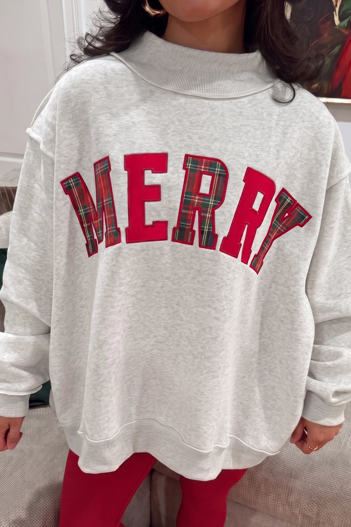 Gray MERRY Embroidered Letter High Neck Tunic Pullover Sweatshirt