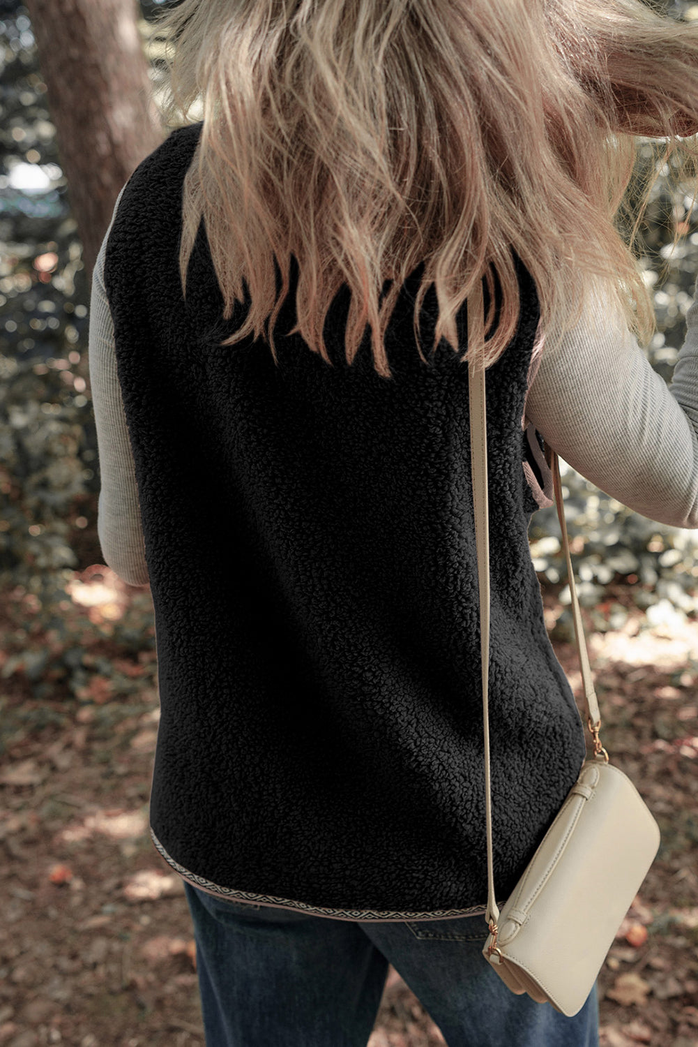 White Sherpa Contrast Trim Patch Pocket Cartridge Toggle Button Vest