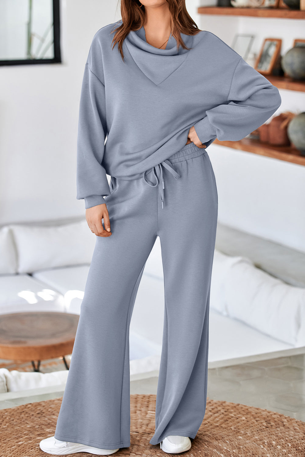 Navy Blue Solid Color Cowl Neck Drawstring Pullover Wide Leg Athleisure Pants Set