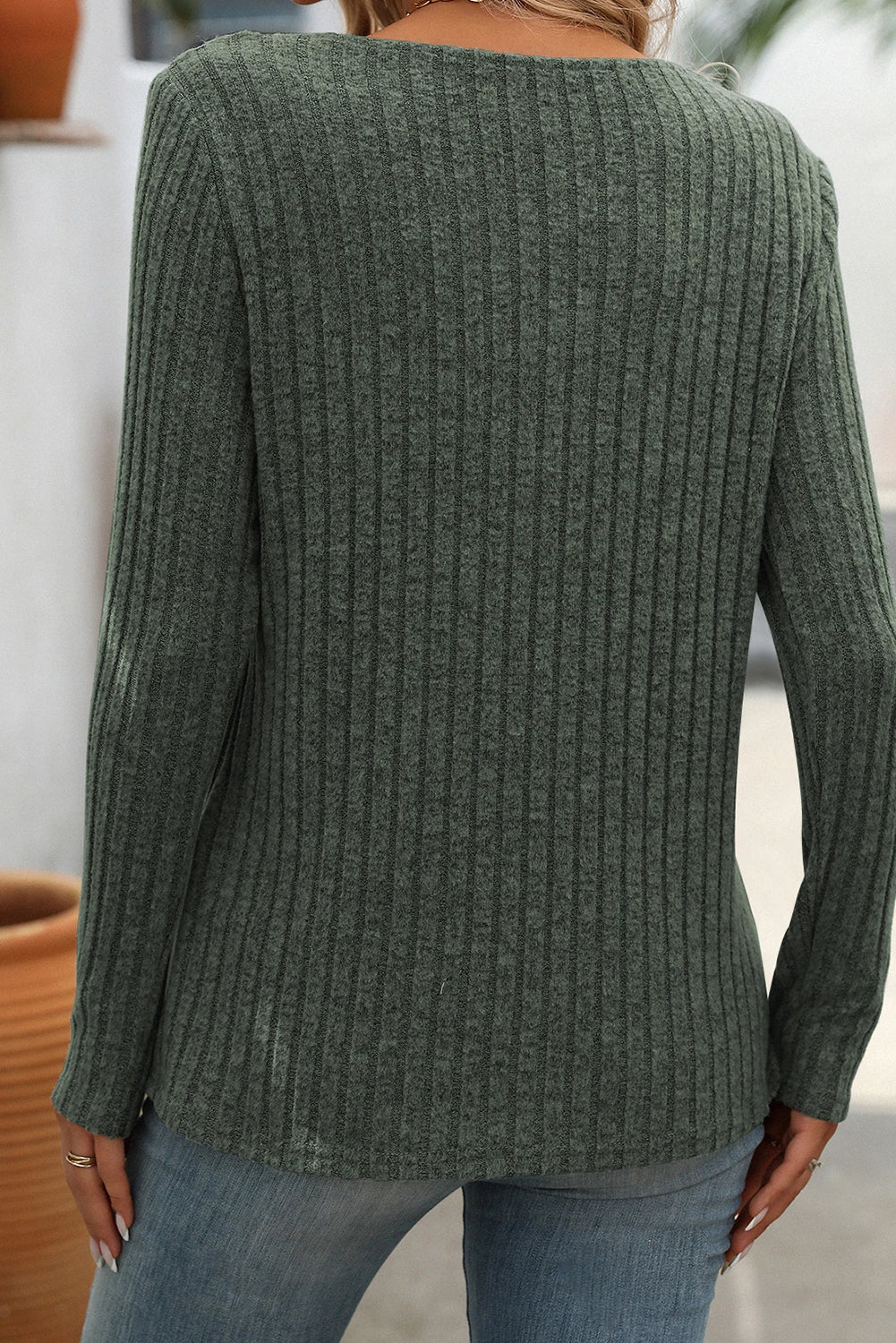 Ribbed Long Sleeve Buttoned Strap V Neck Top