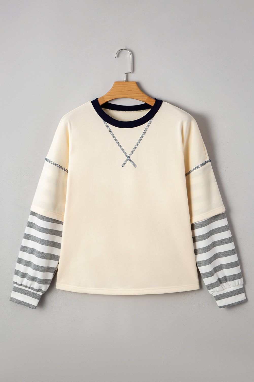 Beige Striped Patchwork Long Sleeve Round Neck Two-in-one Top